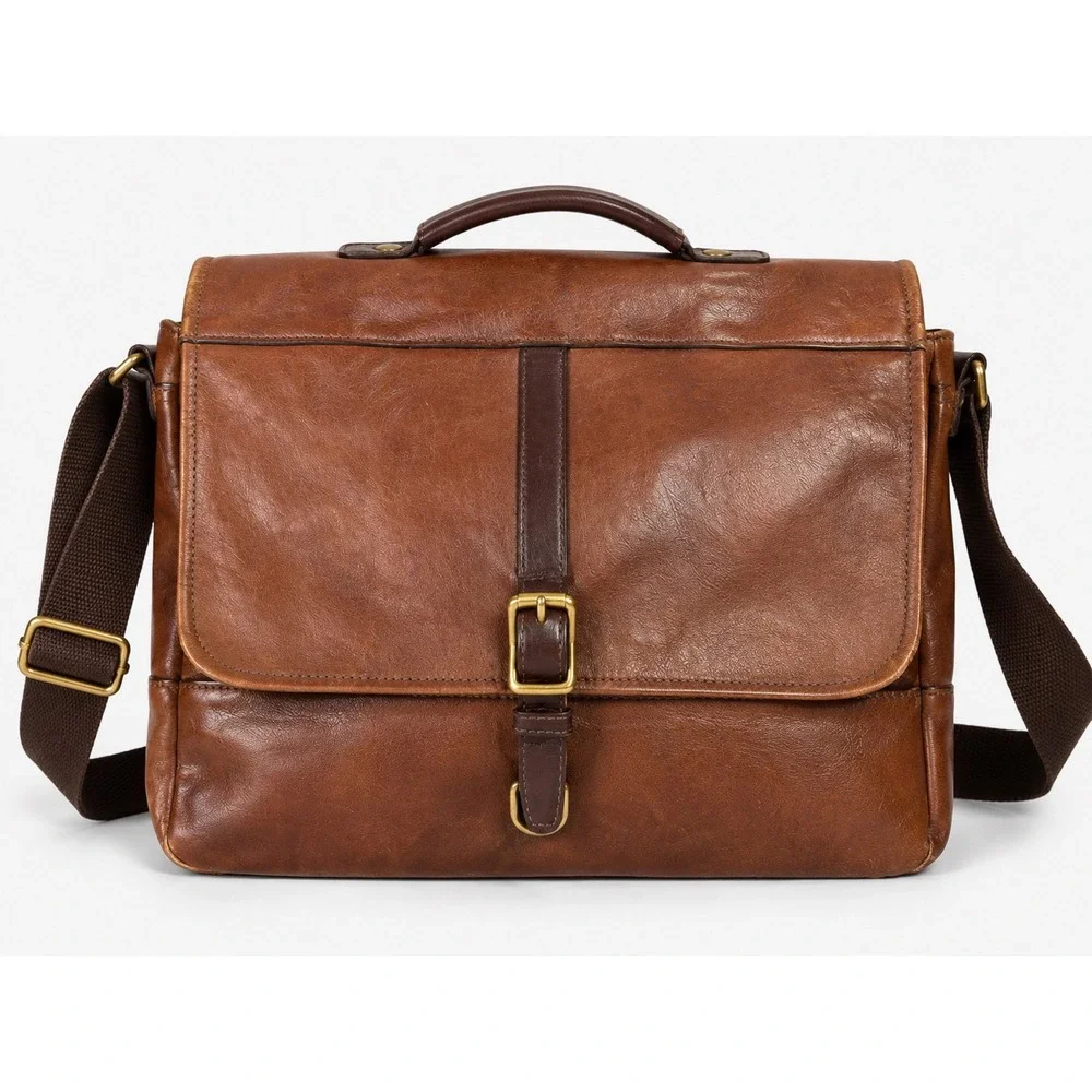 Fossil Evan Commuter Brown Leather Messenger Bag Laptop Briefcase Crossbody